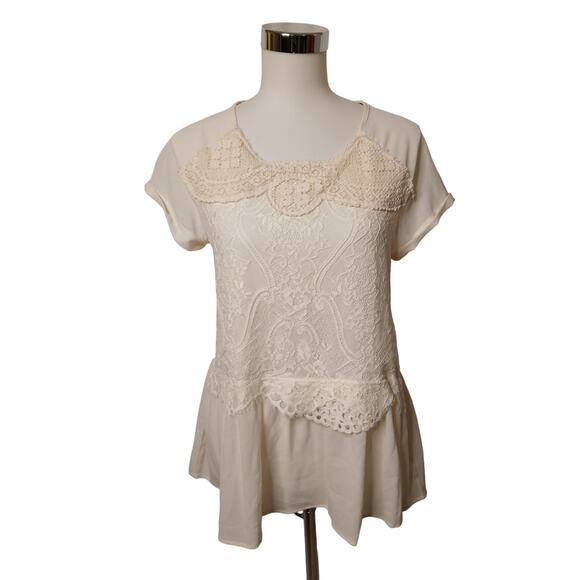 Blue Betty Bohemian Lace Blouse Off White Sheer Teired Tunic Top Medium - Picture 1 of 10